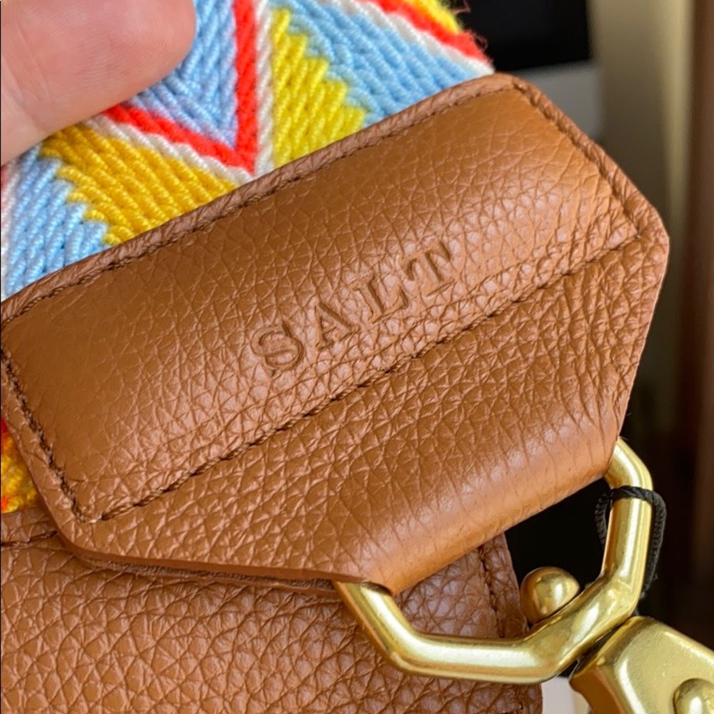 Shoppe Salt yellow, orange & blue handmade strap w leather tabs & brass clasps.